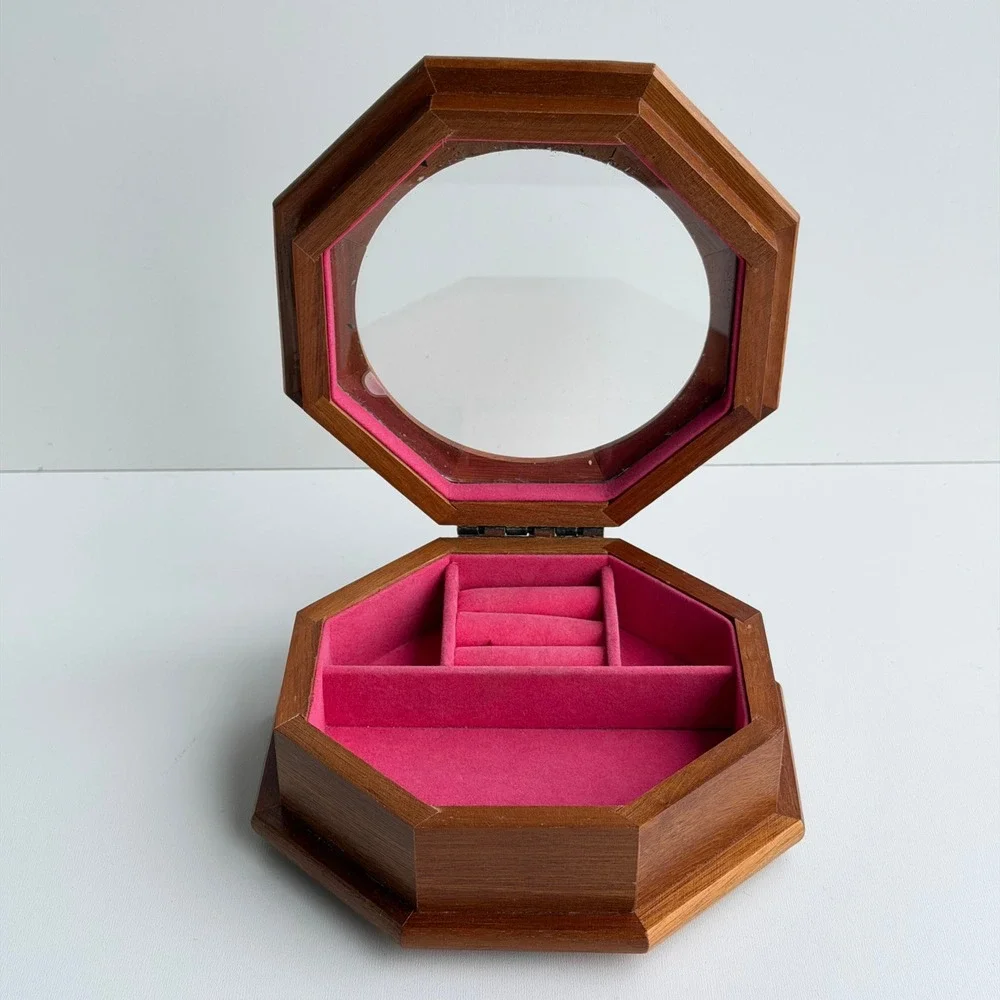 Vintage Octagon Wooden Jewelry Box Glass Top Pink Felt Lining Coquette Cottage
